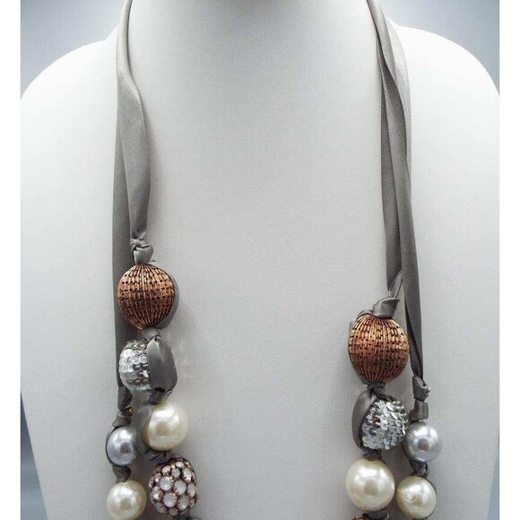 Chico's Disco Party Faux Pearl Embellished Beads Gray Ribbon Chain Long Necklace - Picture 6 of 6